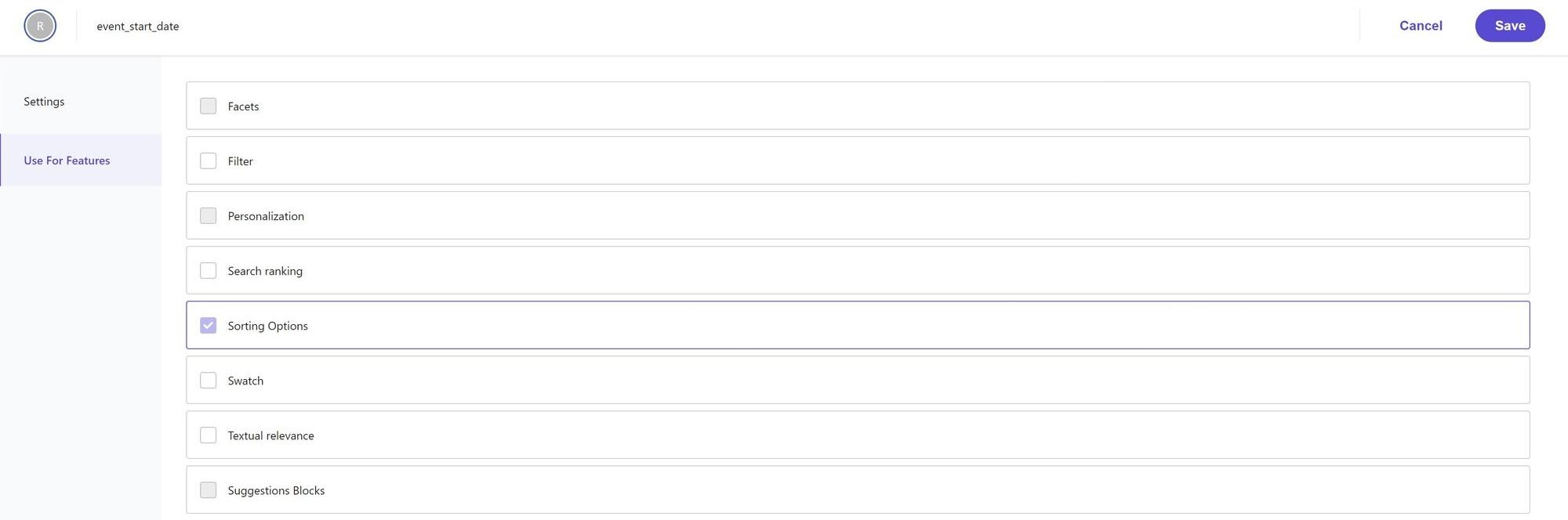 The Use For Feature configuration of the event_start_date attribute with the Sorting Options checkbox enabled.