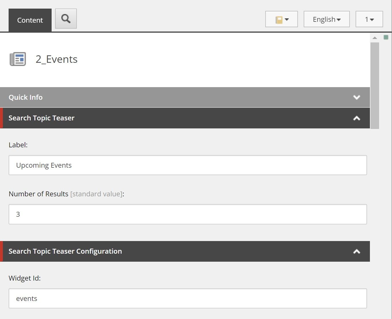 The Sitecore Content Editor showing a datasource item with the three fields "Label", "Number of Results" and "Widget Id".